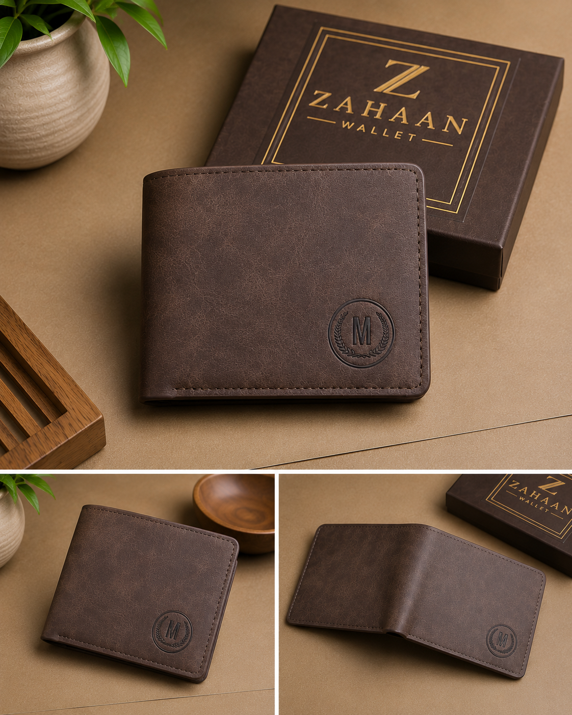 A dark brown faux-leather bifold wallet with an embossed circular 'M' logo, shown alongside its branded dark brown presentation box. The collage includes three views: a main top view, a bottom-left close-up, and a bottom-right open view showing the interior compartments.