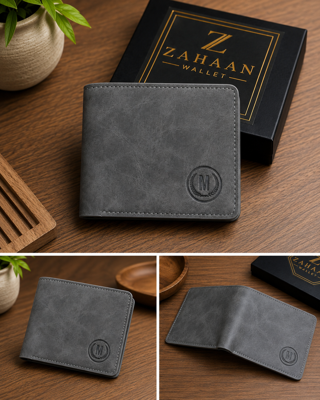 A dark gray textured faux-leather bifold wallet with an embossed circular 'M' logo, shown in a three-panel collage with its black and gold Zahaan Wallet gift box on a wooden tabletop.