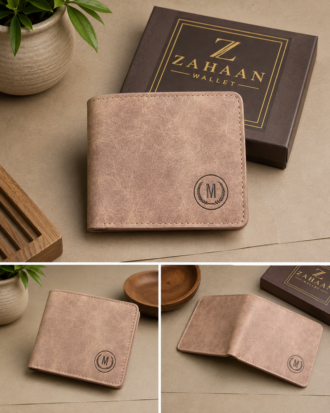 A collage showing a tan leather bifold wallet with an embossed circular 'M' logo, alongside its dark brown ZAHaan Wallet brand box. The top panel shows the closed wallet, the box, and decorative props (a potted plant and a wooden tray).