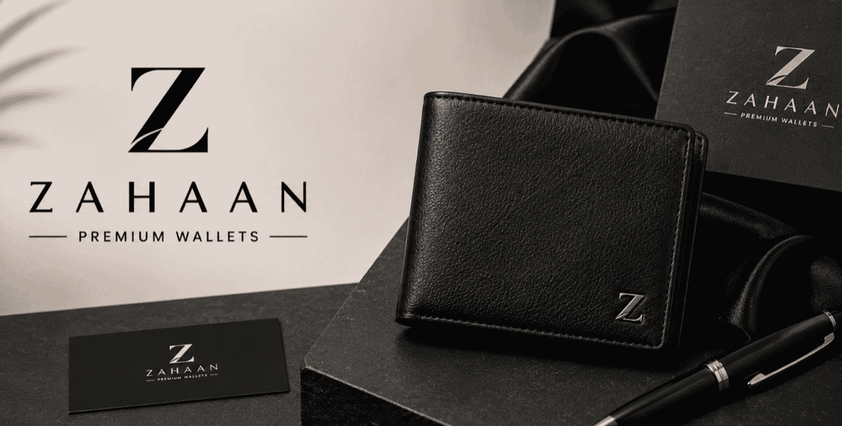 A black textured leather wallet with a silver Z logo, displayed on a black presentation box next to a black pen, with branded Zahaan Premium Wallets packaging and cards in the background.