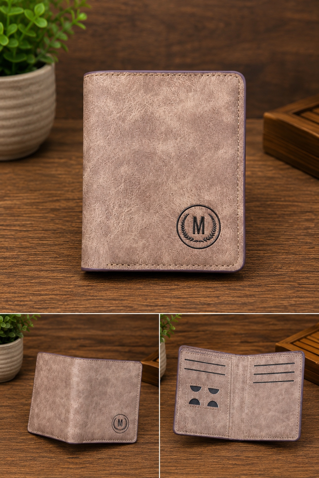 A three-panel product collage showing a slim bifold wallet in a textured taupe-brown faux leather finish. The top panel shows the closed wallet with an embossed circular monogram 'M' on a dark wood tabletop with a small potted plant in the background.