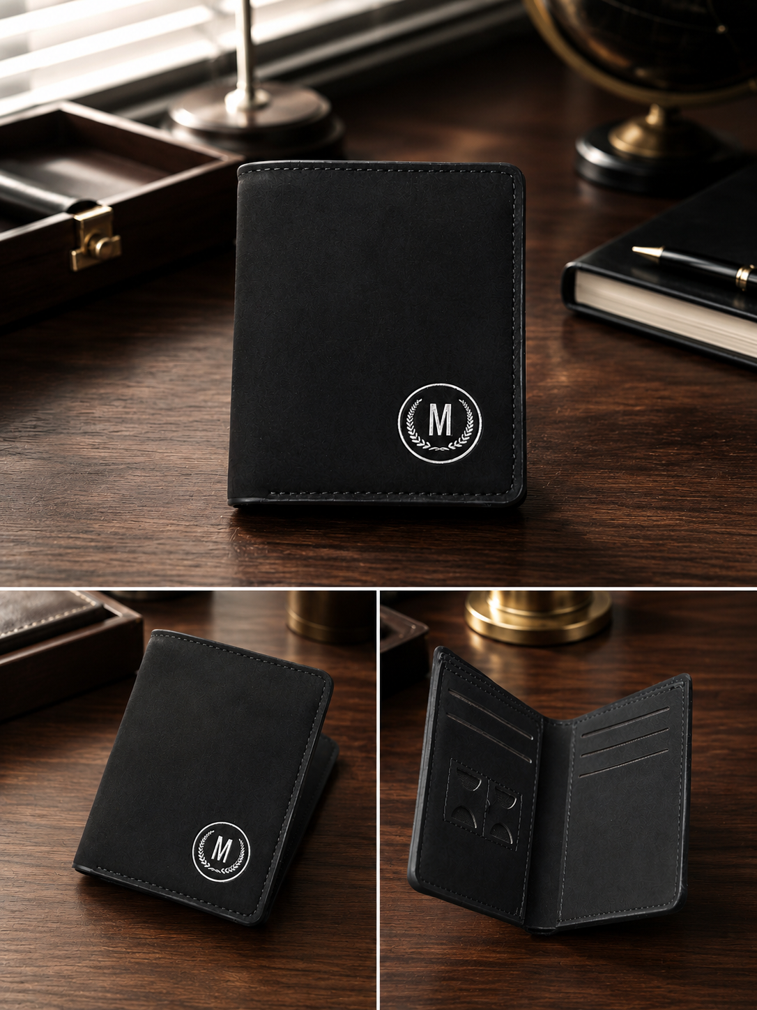 A black leather bifold wallet with a circular silver monogram 'M' logo, shown in three views: closed on a wooden desk, closed at an angle, and open to show interior card slots and compartments.