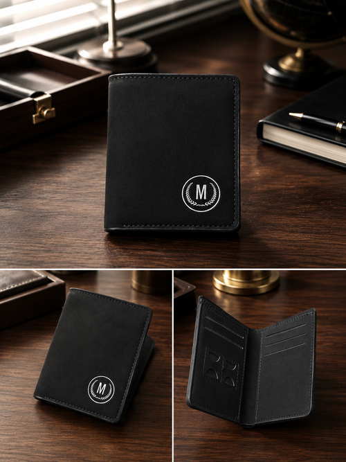 A black leather bifold wallet with a circular silver monogram 'M' logo, shown in three views: closed on a wooden desk, closed at an angle, and open to show interior card slots and compartments.