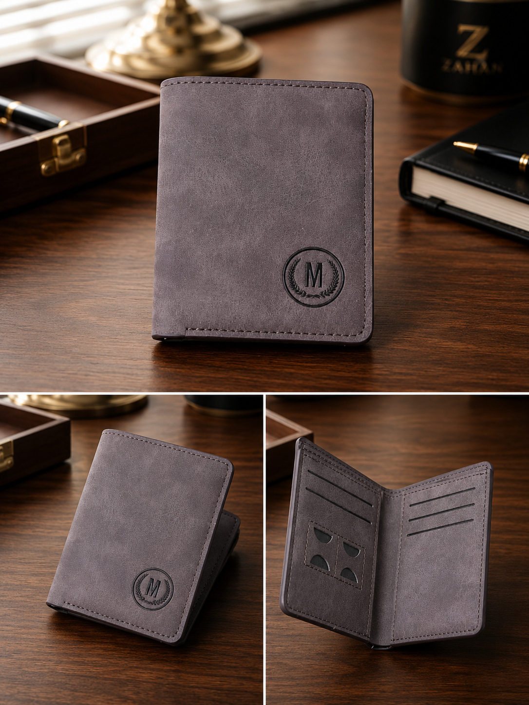 A gray faux-leather bifold wallet shown in a three-panel collage on a wooden desk. The top panel shows the closed wallet with an embossed circular 'M' logo.