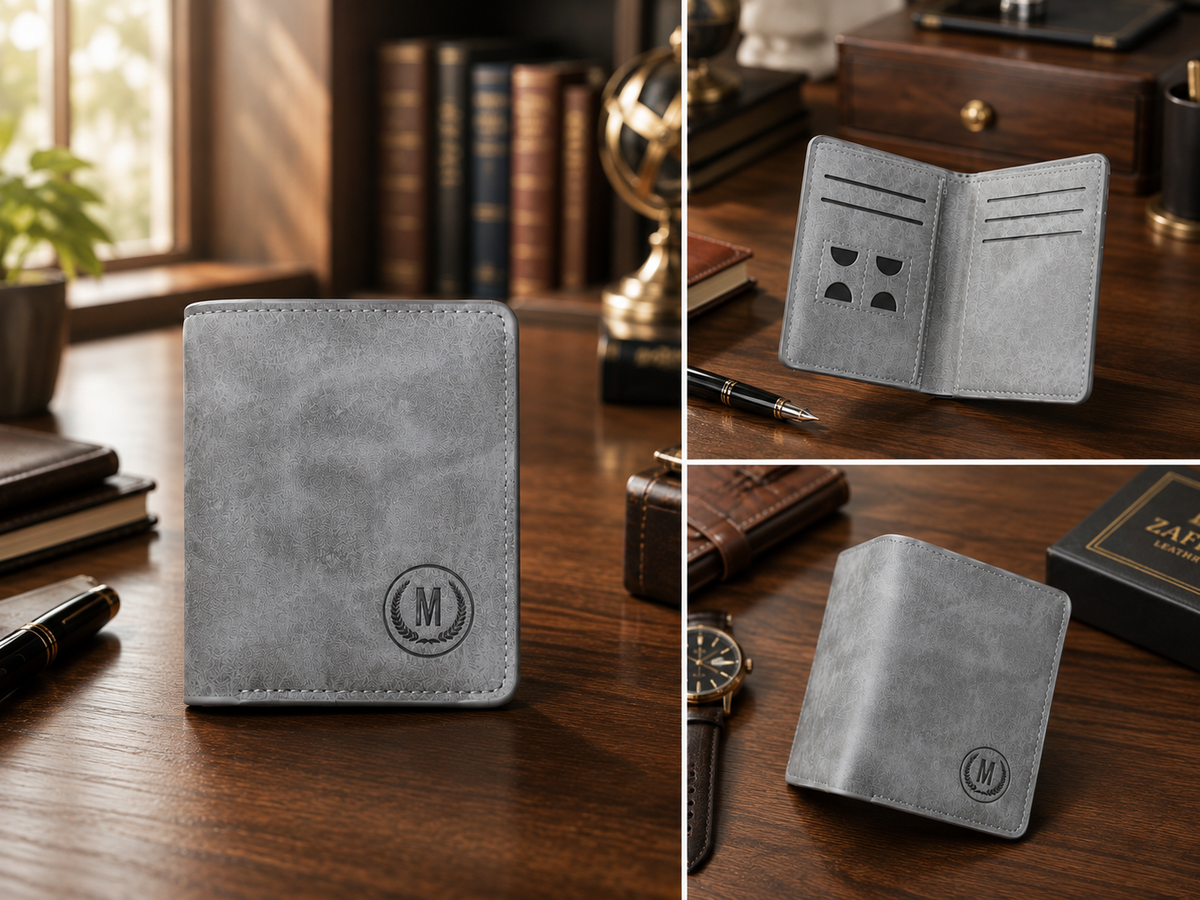 A gray faux-leather bifold wallet with an embossed circular 'M' logo, shown in a split collage on a wooden desk. The left panel shows the wallet closed, while the right panels show it open to reveal card slots and compartments, alongside other desk accessories.